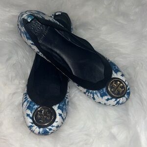 Tory Burch Blue and White Tie-Dye Flat